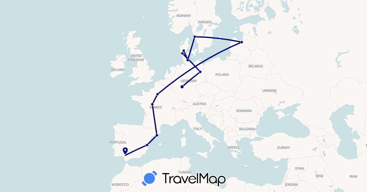 TravelMap itinerary: driving in Germany, Denmark, Spain, France, Latvia, Sweden (Europe)